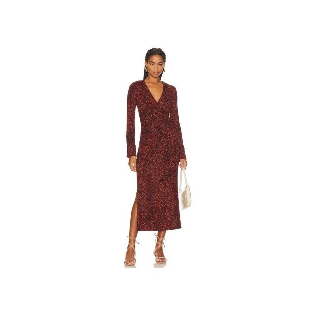 Free People Long Sleeve Ruched Faux Wrap Midi Dress Burgundy Leaf Print Slit L
